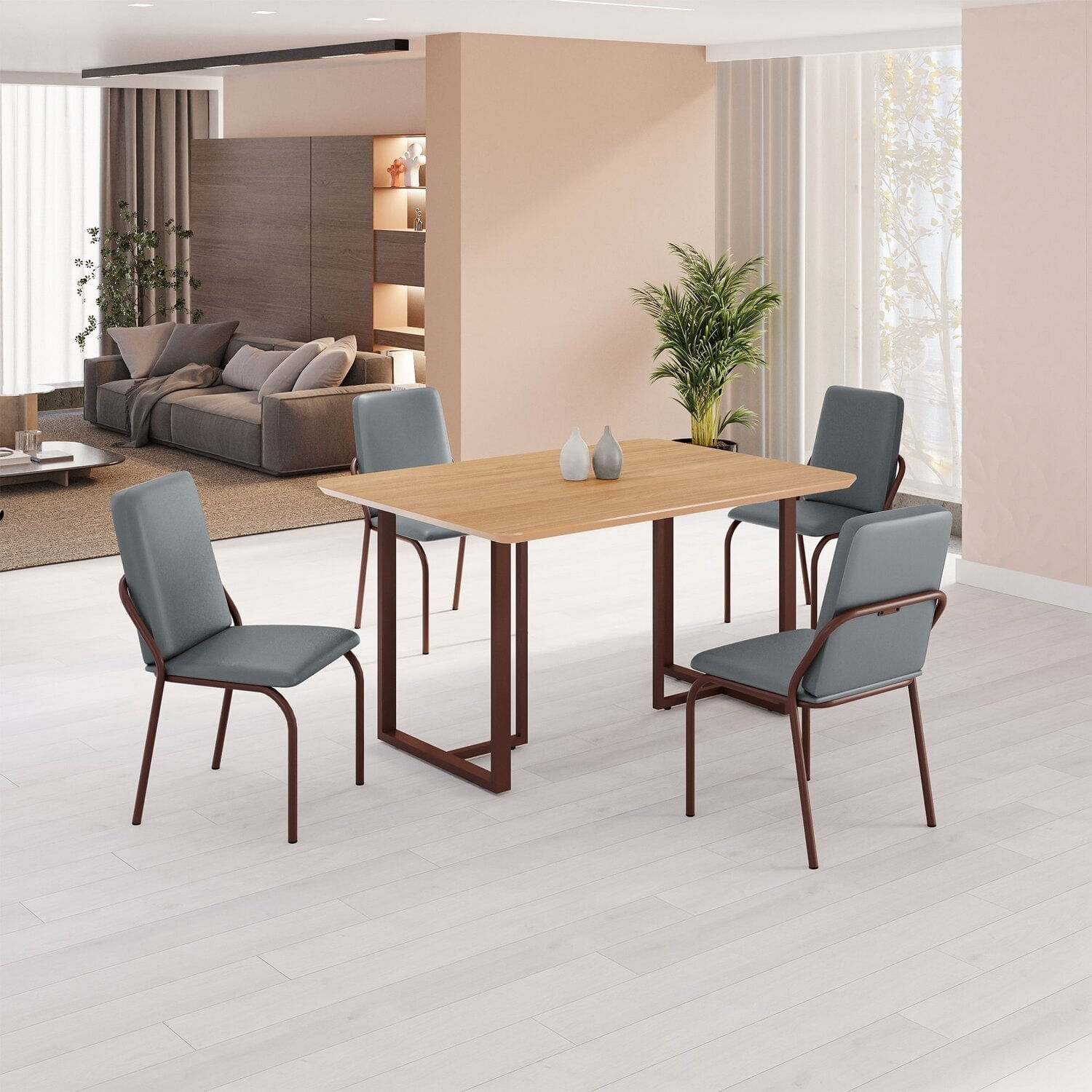 Conjunto Sala De Jantar Mesa 120x90cm Base Lunna Tampo Mdf Malibu Grafite/marrom