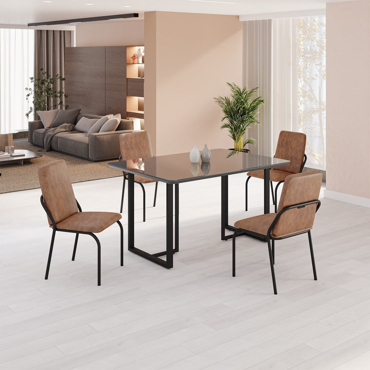 Conjunto Sala De Jantar Mesa 120x90cm Base Lunna Tampo Mdf Com Vidro Malibu Marrom/preto