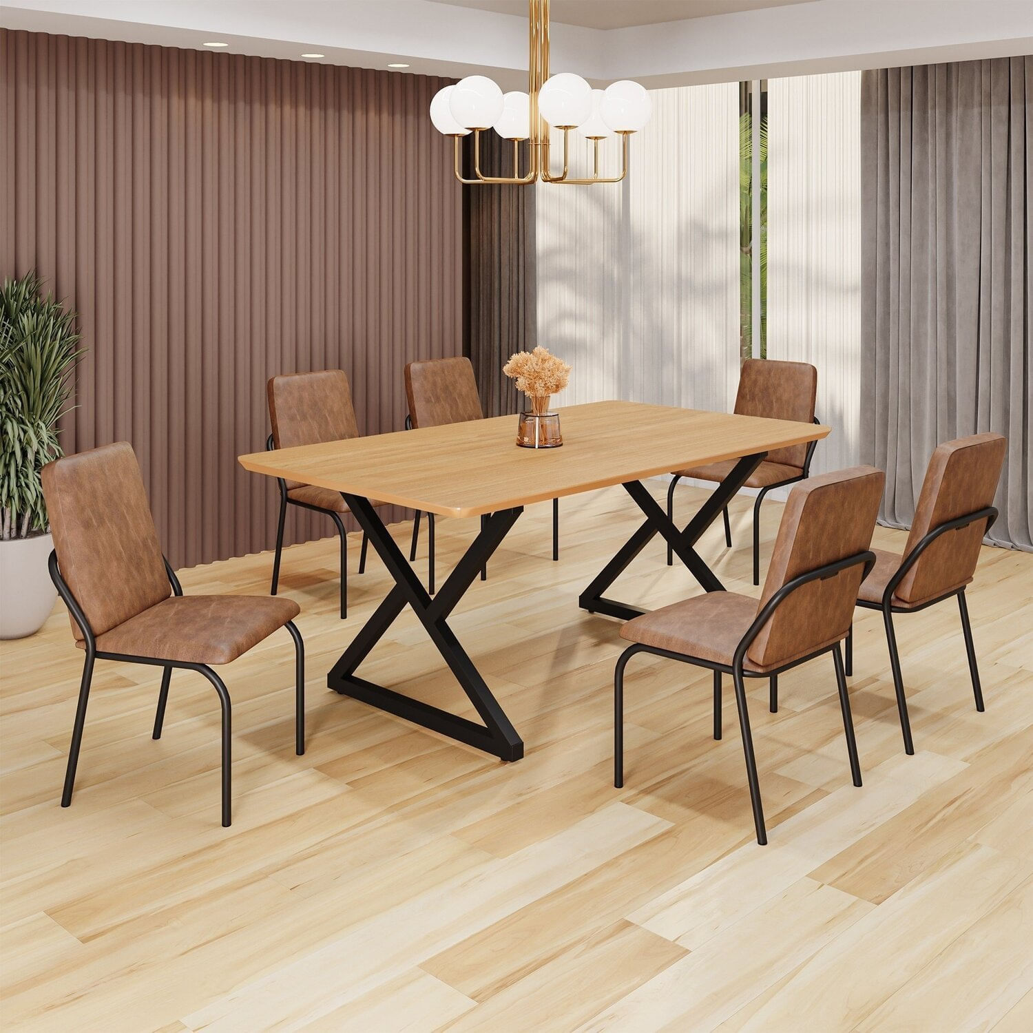 Conjunto Sala De Jantar Mesa 160x90cm Base Império Tampo Mdf Malibu Marrom / Preto