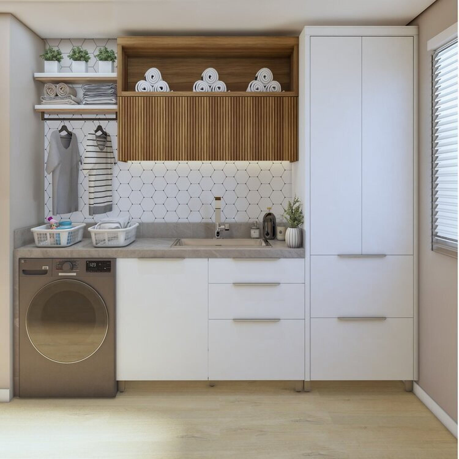 Lavanderia Modulada Com Armário Aéreo,1 Balcão E 1 Armário Multiuso 100% Mdf Marquesa Branco/nature