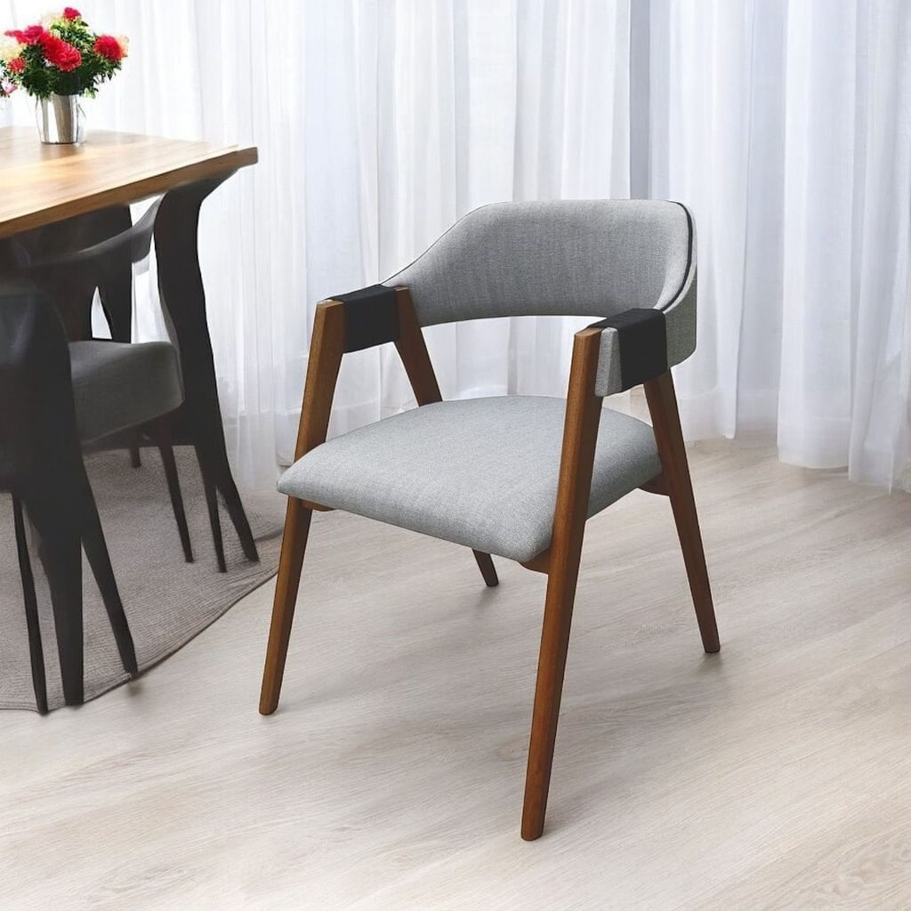 Cadeira Laura Em Madeira Maciça De Eucalipto Verniz Imbuia Rust Linho Detalhes Em Corda Marrom/cinza