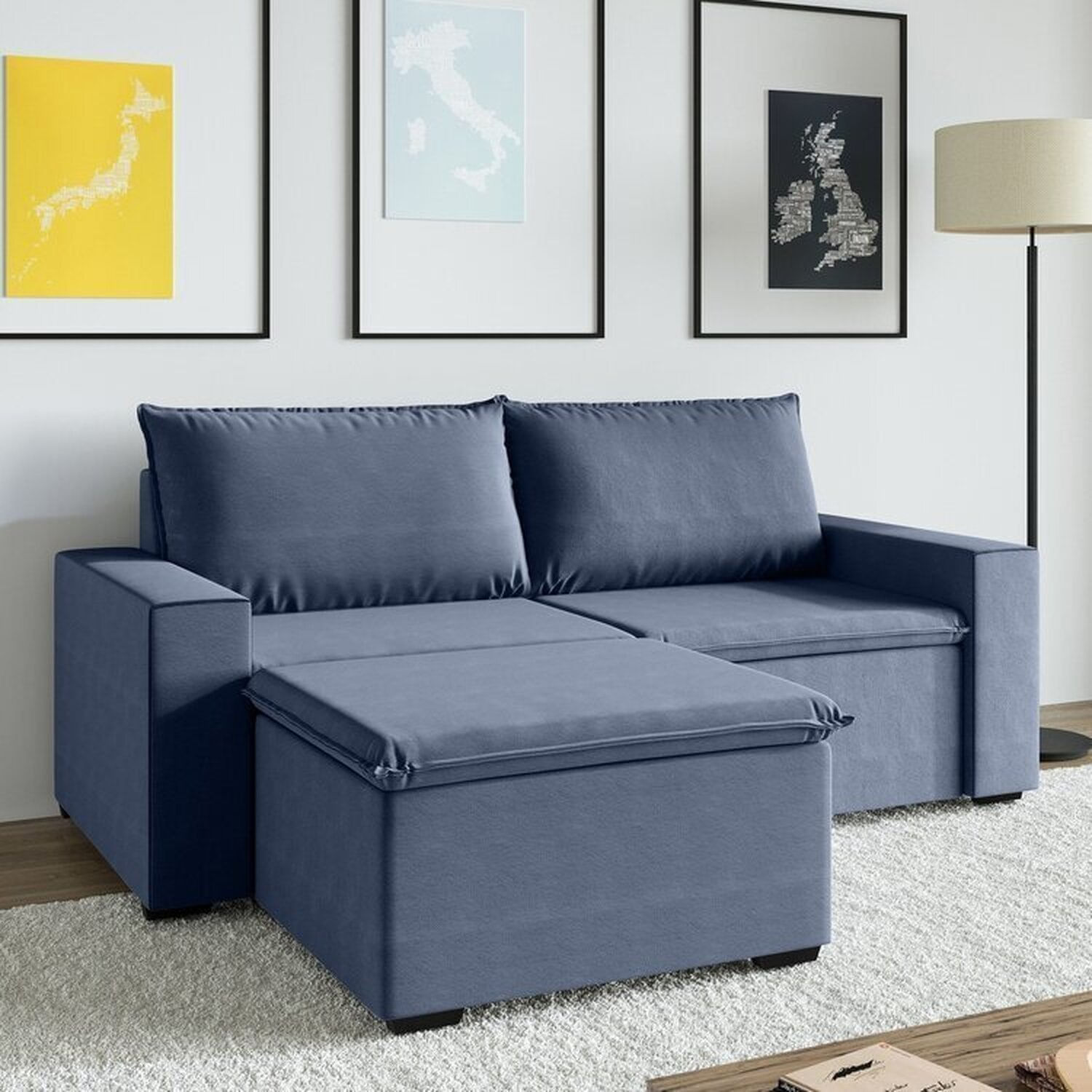 Sofá Modular 1 Módulo Direito 1 Módulo Esquerdo 1 Puff Zen Cabecasa Madeiramadeira Azul Sereno