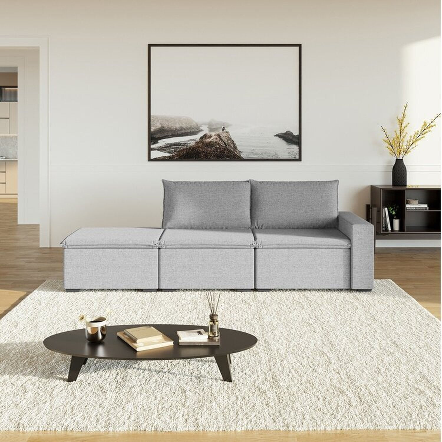 Sofá Modular 1 Módulo Direito 1 Módulo Central 1 Puff Zen Cabecasa Madeiramadeira Cinza