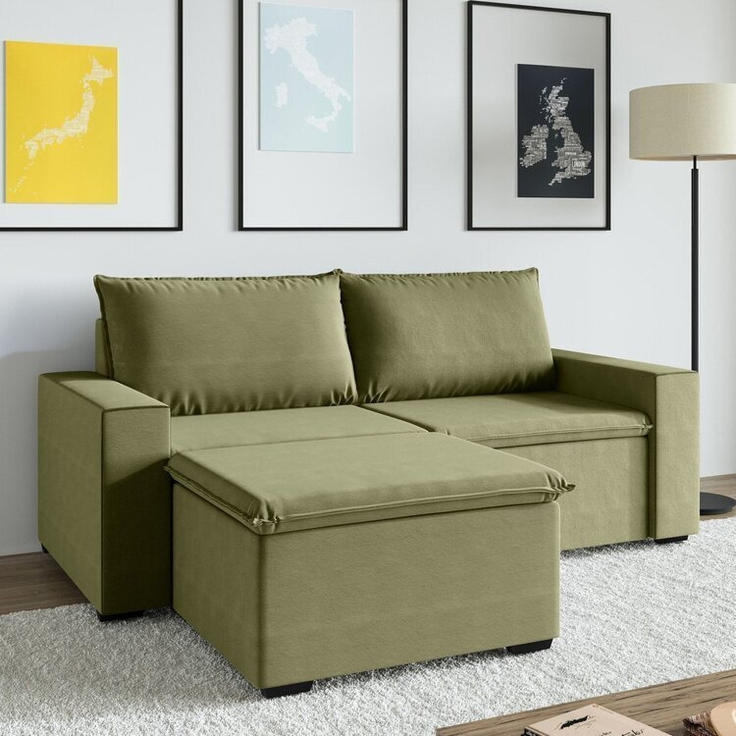 Sofá Modular 1 Módulo Direito 1 Módulo Esquerdo 1 Puff Zen Cabecasa Madeiramadeira Verde Salvia