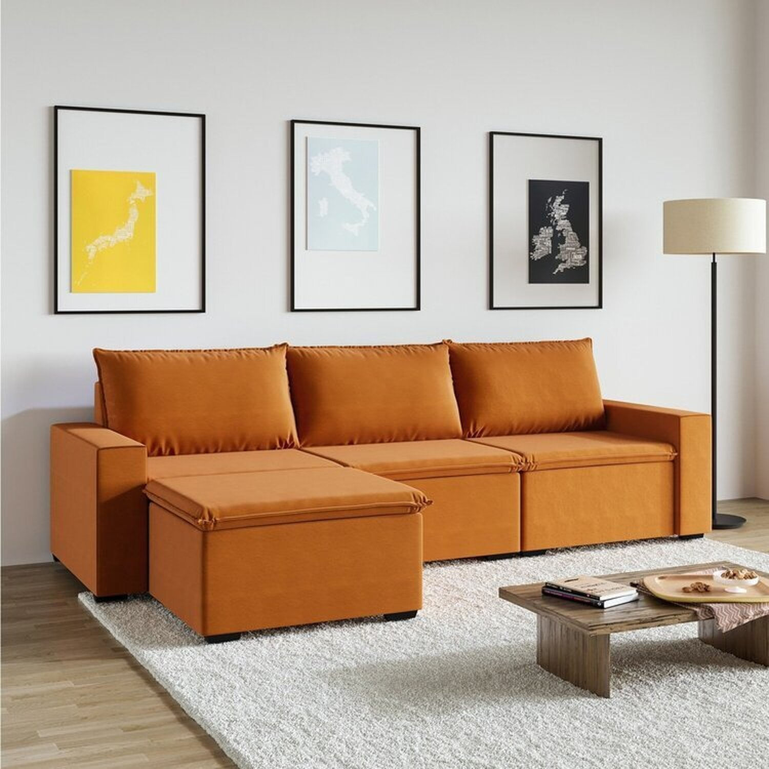 Sofá Modular 1 Módulo Direito 1 Módulo Central 1 Módulo Esquerdo 1 Puff Zen Cabecasa Madeiramadeira Mostarda