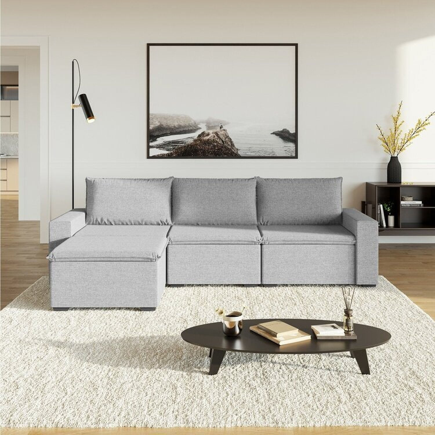 Sofá Modular 1 Módulo Direito 1 Módulo Central 1 Módulo Esquerdo 1 Puff Zen Cabecasa Madeiramadeira Cinza