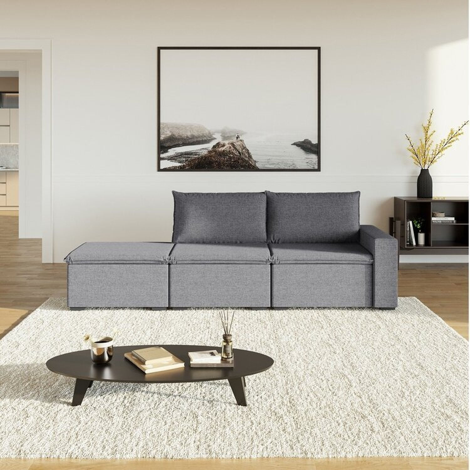 Sofá Modular 1 Módulo Direito 1 Módulo Central 1 Puff Zen Cabecasa Madeiramadeira Grafite