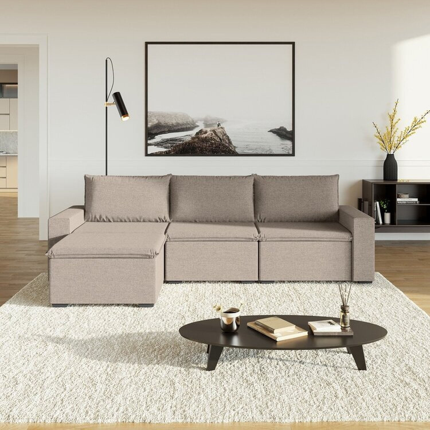 Sofá Modular 1 Módulo Direito 1 Módulo Central 1 Módulo Esquerdo 1 Puff Zen Cabecasa Madeiramadeira Marrom