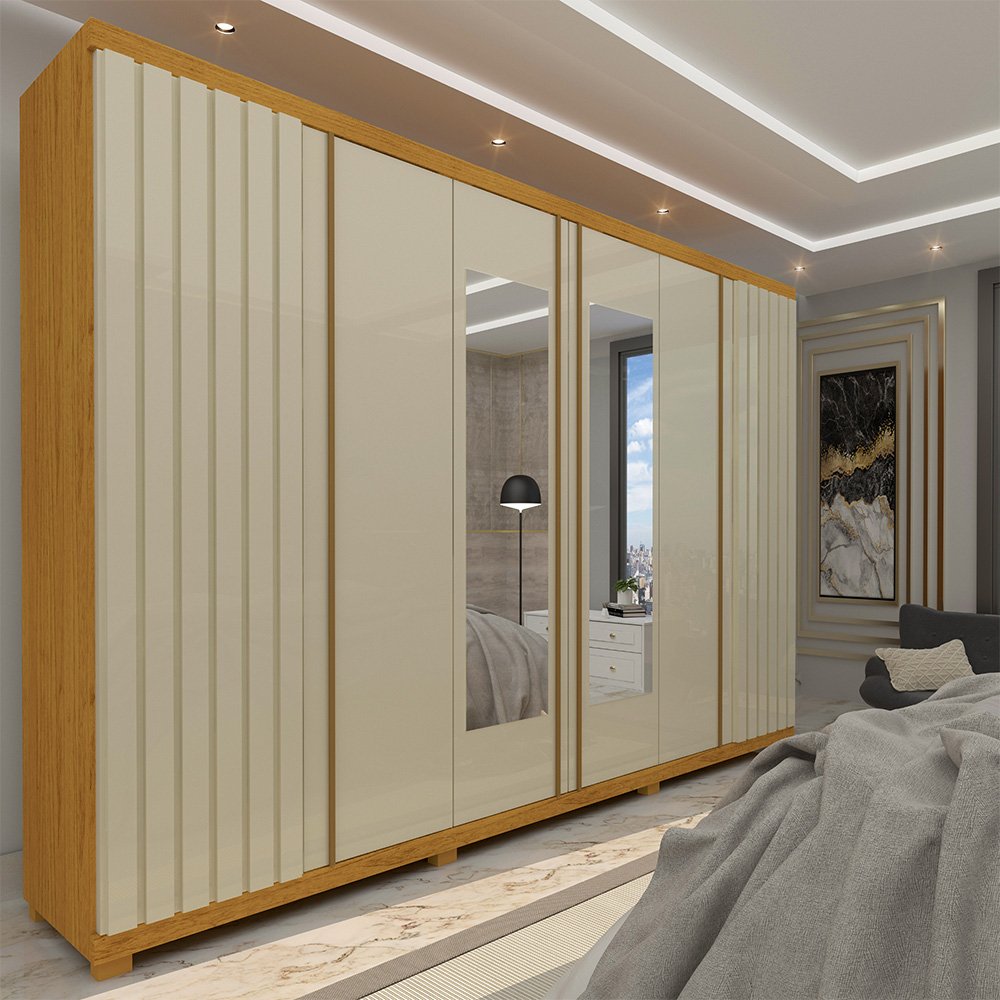 Guarda Roupa Casal Ripado 6 Portas 4 Gavetas Com Espelho Absolut New Gelius Móveis Naturale/off White