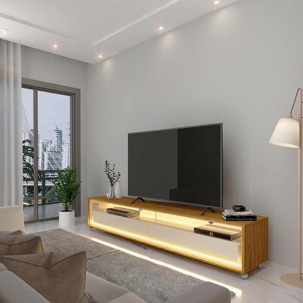 Rack para TV até 75 polegadas com LED e Rodízios Requinte 172,5cm Gelius Móveis Naturale/Off White