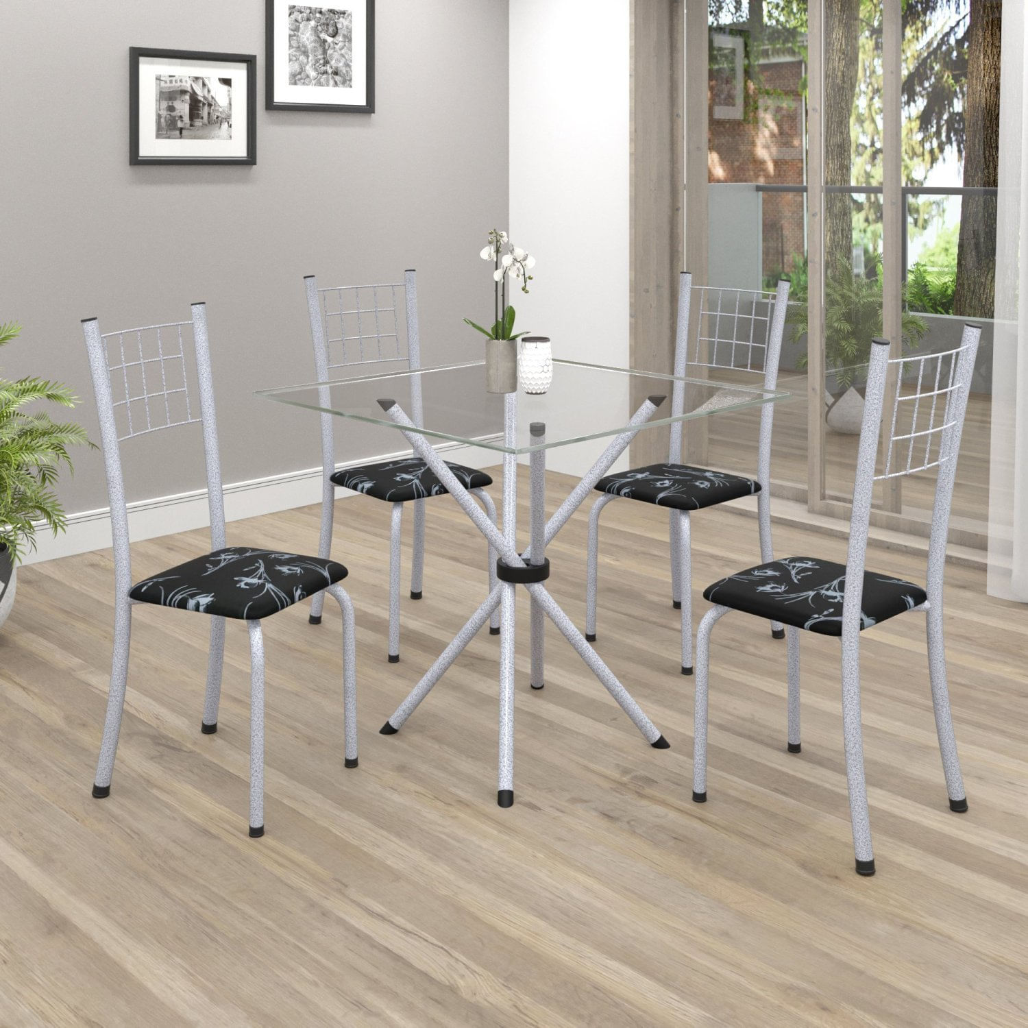 Conjunto De Mesa Tubular 70x70cm Tampo Em Vidro Com 4 Cadeiras Dany Soma Móveis Preto Floral/martelado Perola/incolor