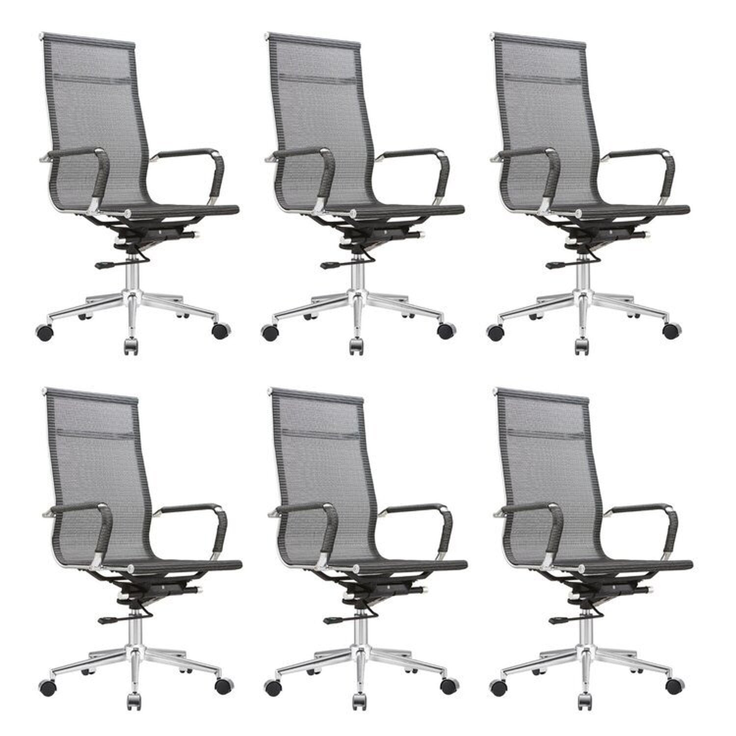 Kit 6 Cadeiras Para Escritório Presidente Giratória Aço Cromado Sidney Cinza