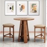 Conjunto Mesa Bistrô Dália Ø80 Tampo Madeira E 04 Banquetas Alta Em Madeira De Eucalipto Marrom