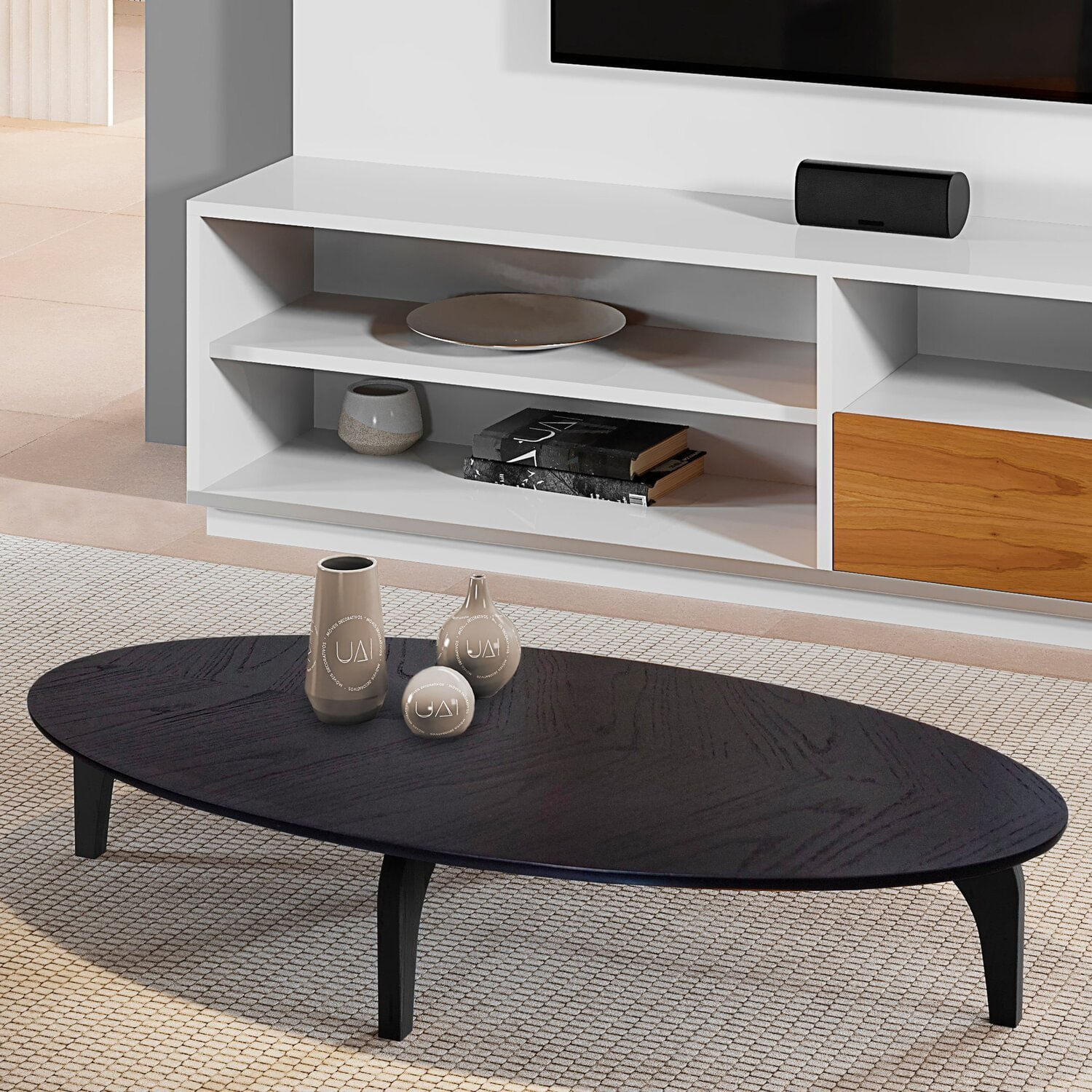 Mesa De Centro Oval Orgânico Laminada 100x45cm Canada Ébano Preto