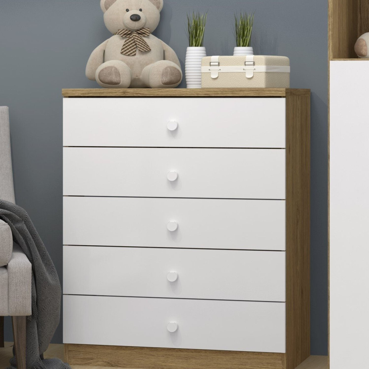 Cômoda Infantil 5 Gavetas Lápis De Cor Espresso Móveis Rústico/branco