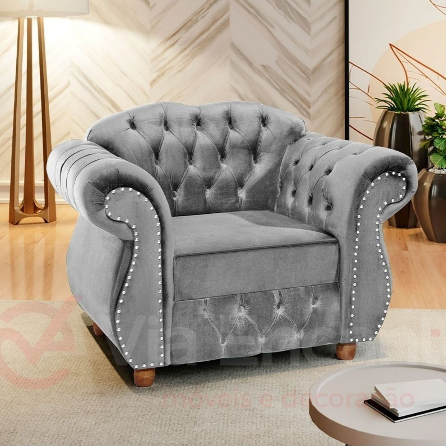 Poltrona Para Sala De Estar Chest Merlô Design De Luxo Prata