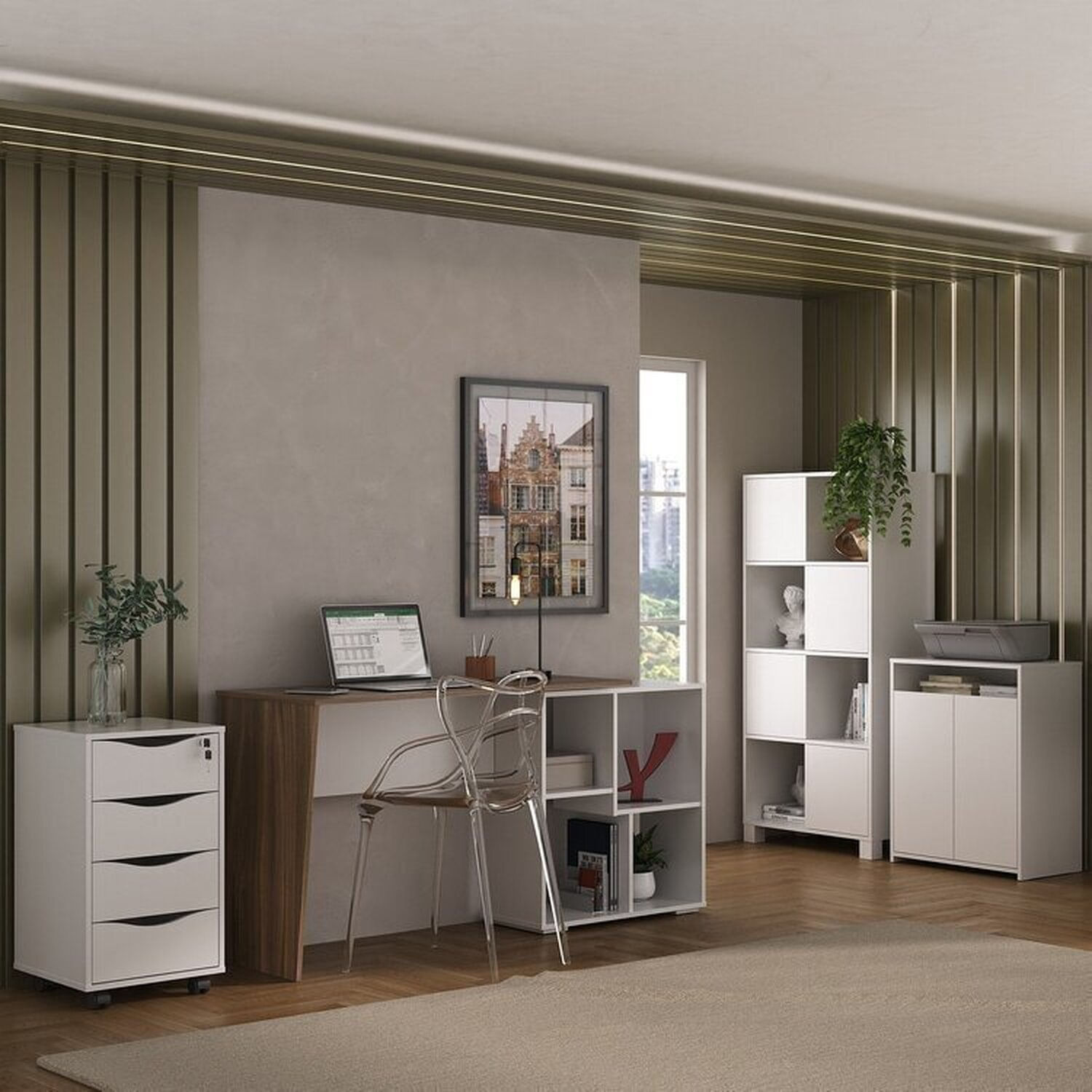 Kit 4 Peças Com Escrivaninha Moderna, Gaveteiro Bit, Armário Com Nichos E Balcão Multiuso 2 Portas Ipê/branco