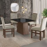 Conjunto Sala De Jantar Mesa 90x120cm Tampo Vidro Com 4 Cadeiras Madeira Maciça Tecido Joli Marrom/preto