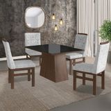 Conjunto Sala De Jantar Mesa 90x120cm Tampo Vidro Com 4 Cadeiras Madeira Maciça Tecido Linho Marrom/preto