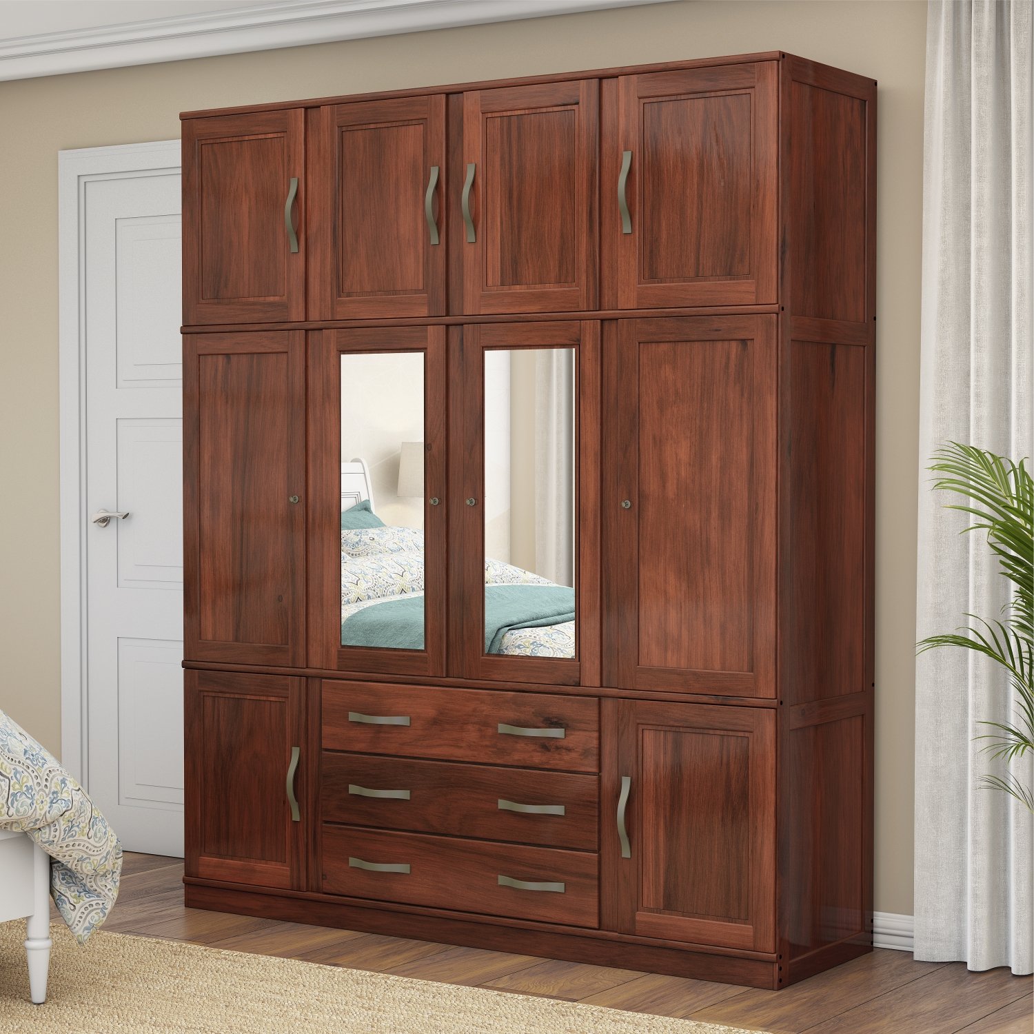 Guarda Roupa Casal Com Espelho 10 Portas 3 Gavetas Paris Mogano