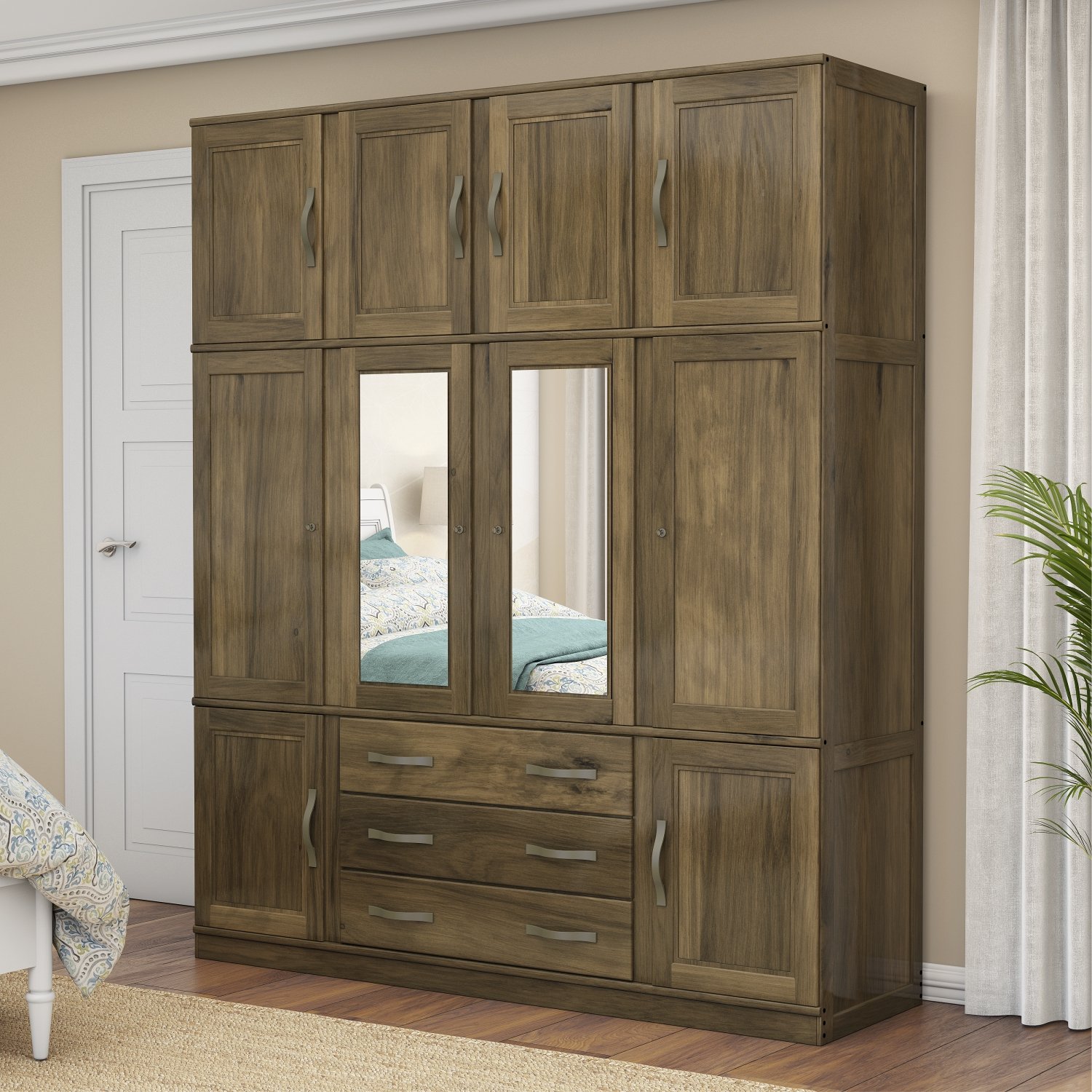 Guarda Roupa Casal Com Espelho 10 Portas 3 Gavetas Paris Castanho