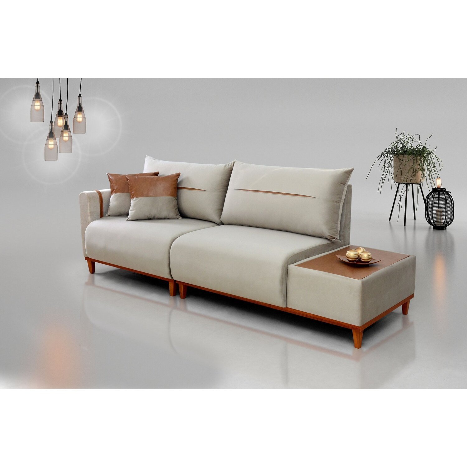 Sofá Trento 3 Lugares Com Base De Madeira Bege