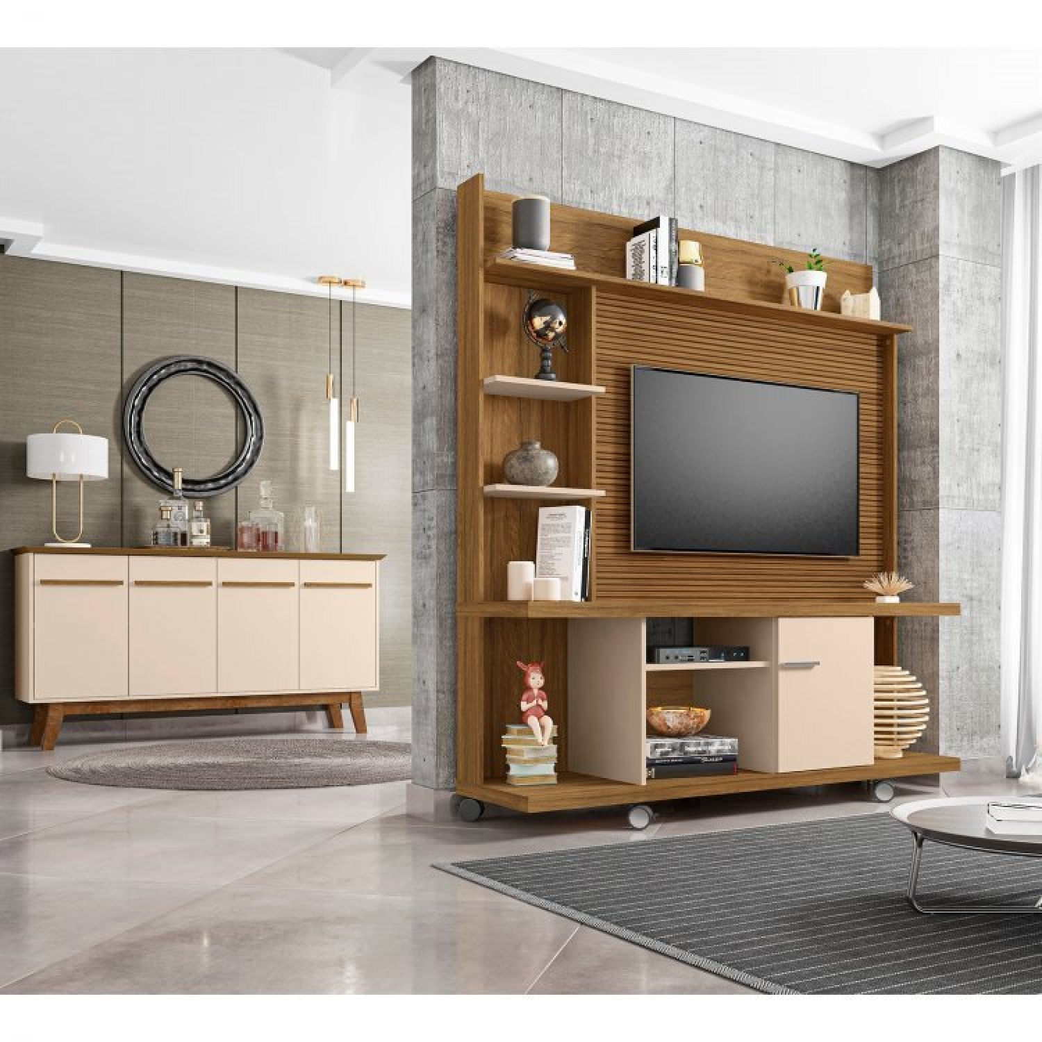Conjunto Home Taurus Para Tv Até 47 Polegadas E Buffet Opala Pés De Madeira Móveis Bechara Cinamomo/off-white/ripado