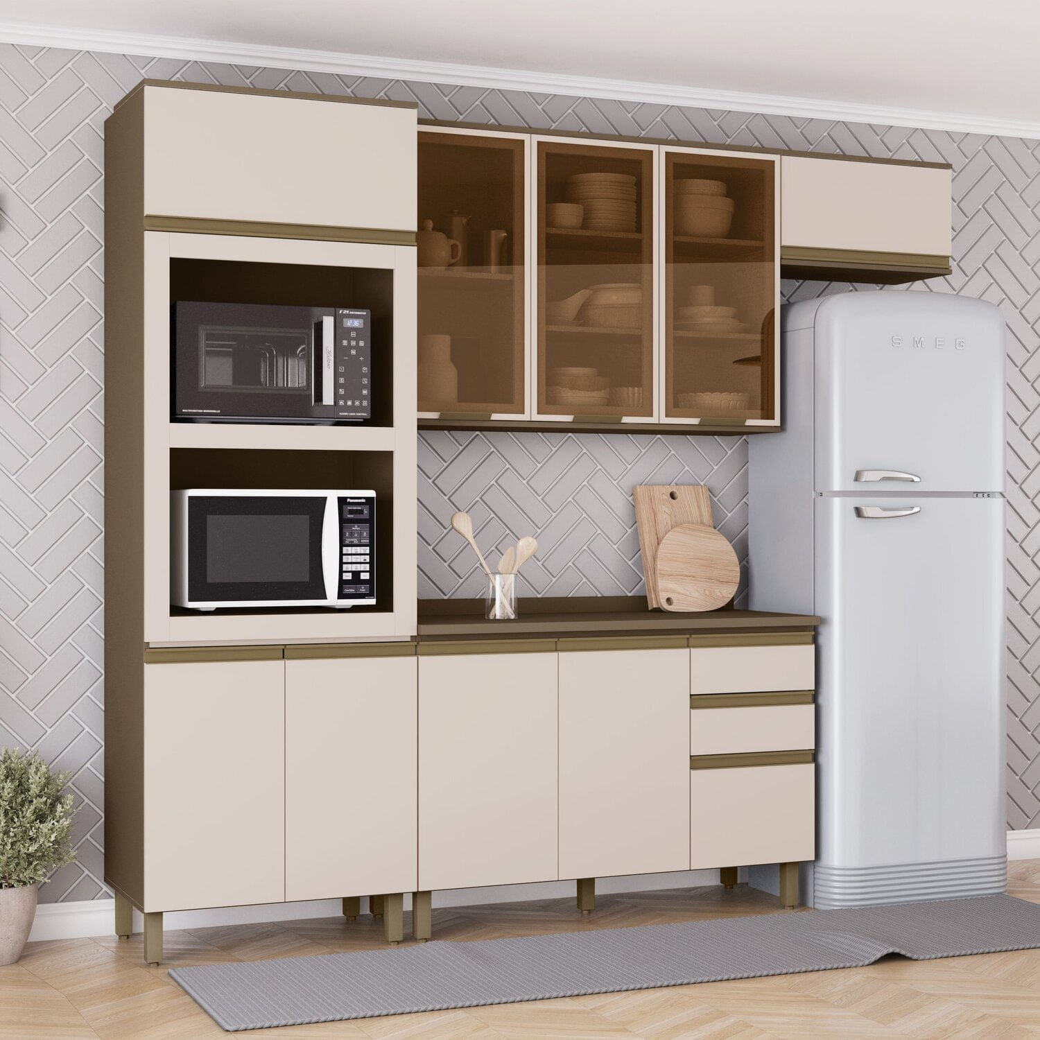 Cozinha Completa 4 Peças 100% Mdf Com Portas De Vidro Connect Bege/marrom