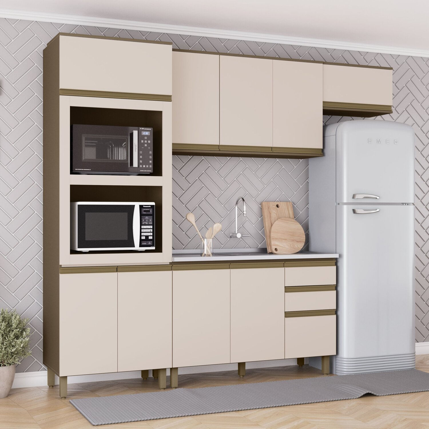Cozinha Compacta 4 Peças 2 Fornos 100% Mdf Connect Bege/marrom