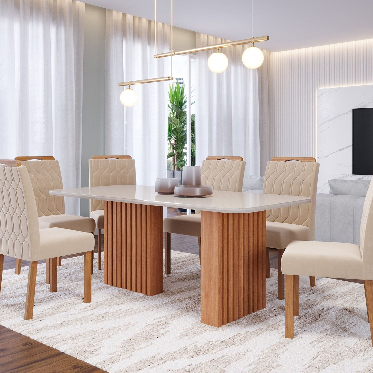 Sala De Jantar Ester 1,80 C/ 6 Cad. Paola Wood Cinamomo/nude