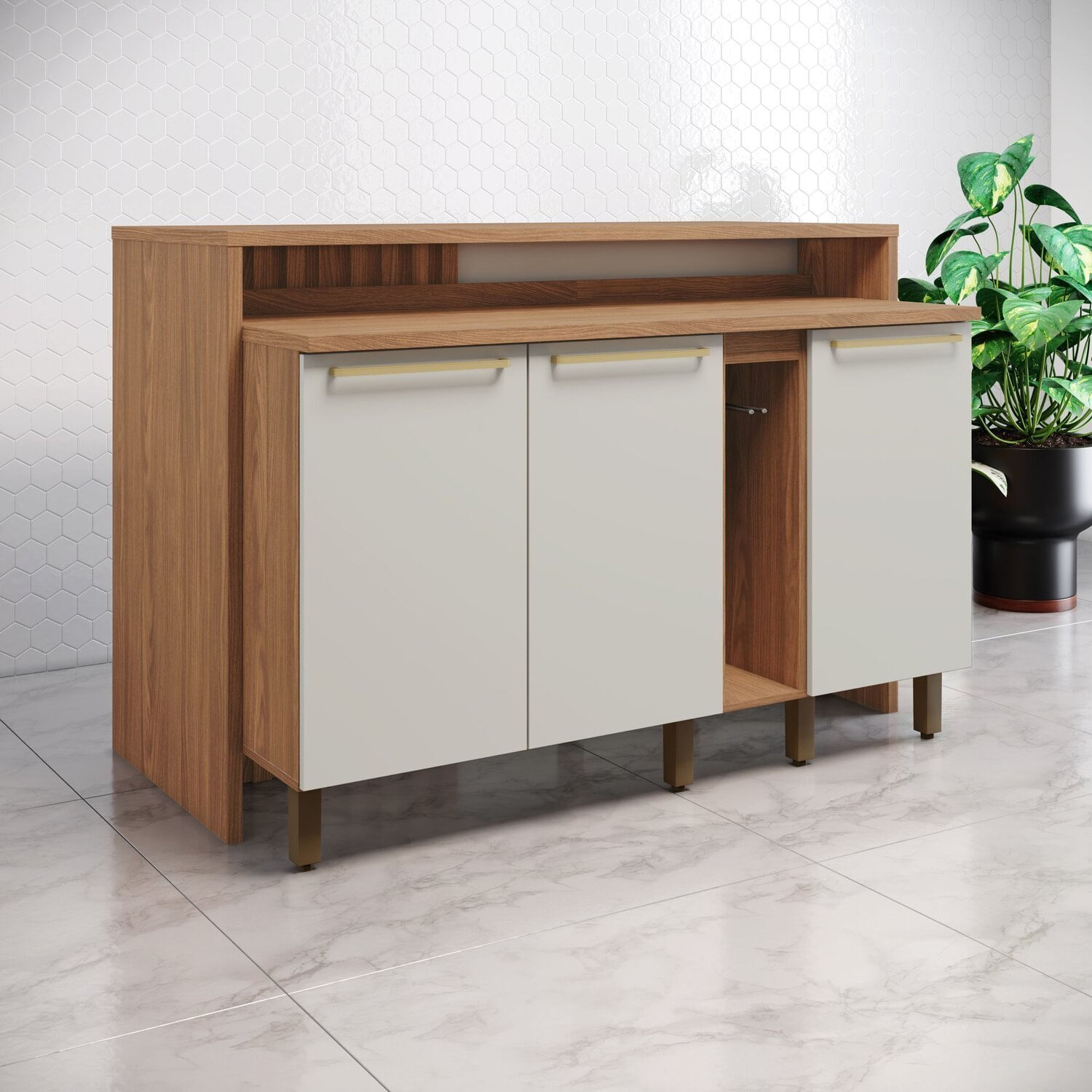 Kit Ilha Gourmet Balcão 3 Portas Com Tampo Nature/areia