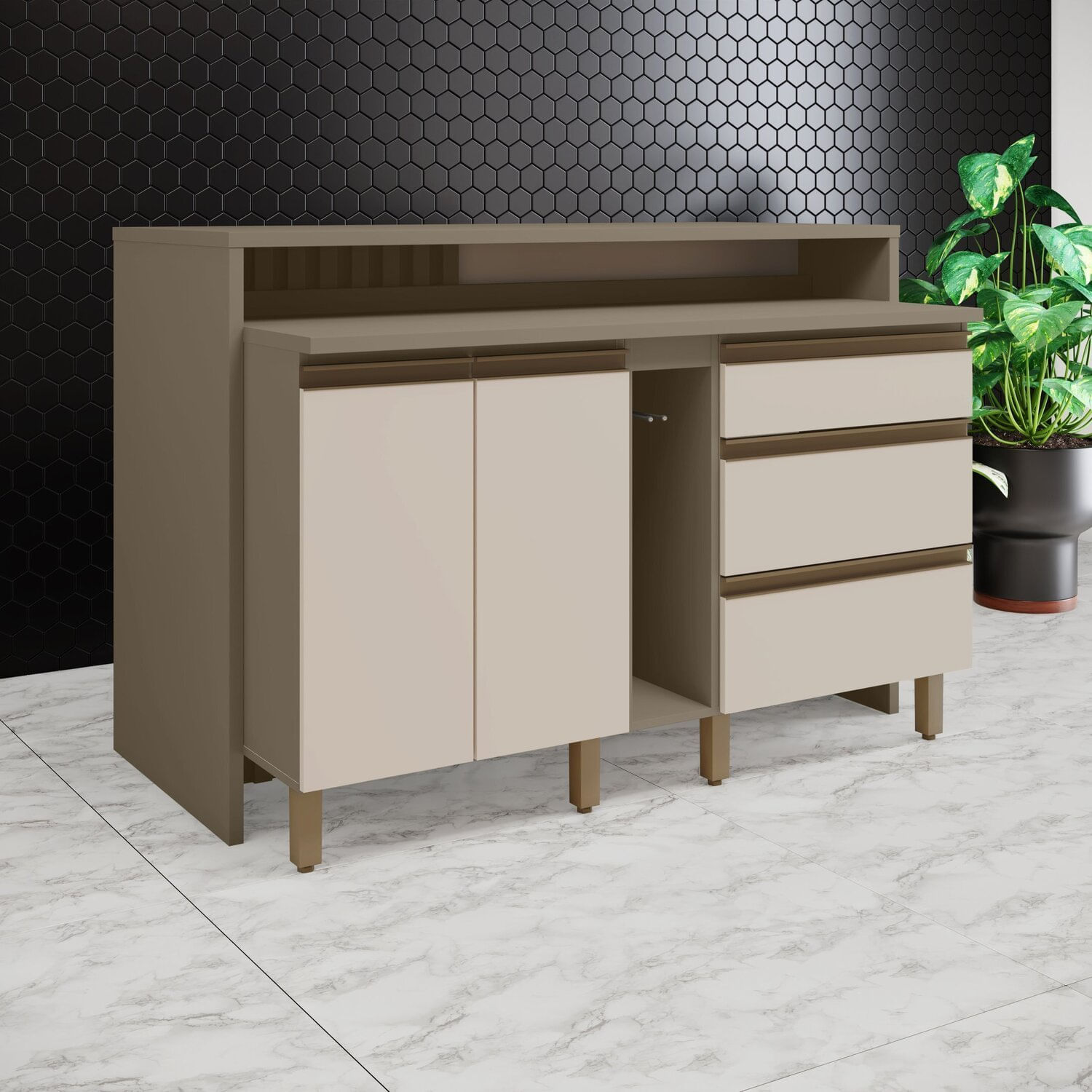 Kit Ilha Gourmet 2 Portas 3 Gavetas Com Tampo Aurora Duna/cristal