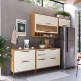 Cozinha Compacta 200cm Com 4 Peças Vidro Reflecta E 3 Gavetas 100% Mdf Vicenza Espresso Móveis Amêndoa/off White