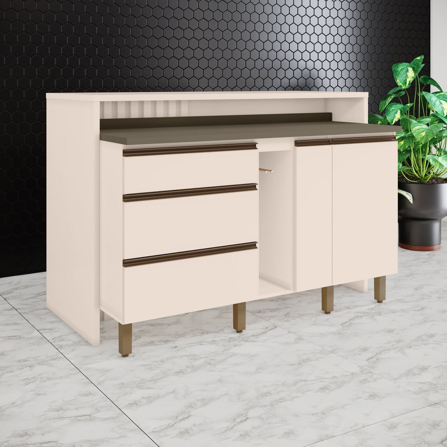 Kit Ilha Gourmet 2 Portas 3 Gavetas Com Porta Condimentos Duna/off White