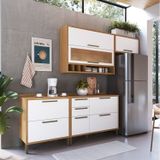 Cozinha Compacta 200cm Com 4 Peças Vidro Reflecta E 3 Gavetas 100% Mdf Vicenza Espresso Móveis Amêndoa/branco