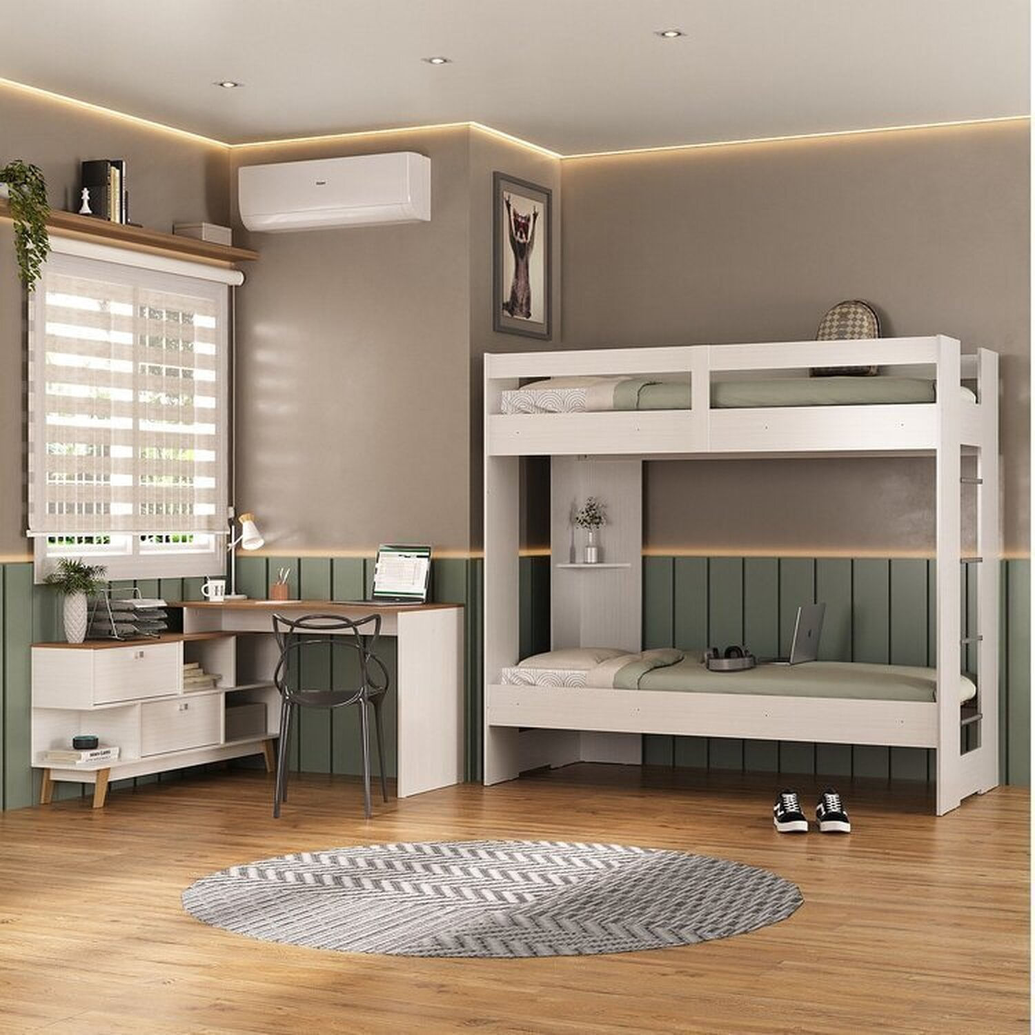 Quarto Juvenil Completo Nexis Com Beliche E Escrivaninha Em L 2 Portas Branco/nogal