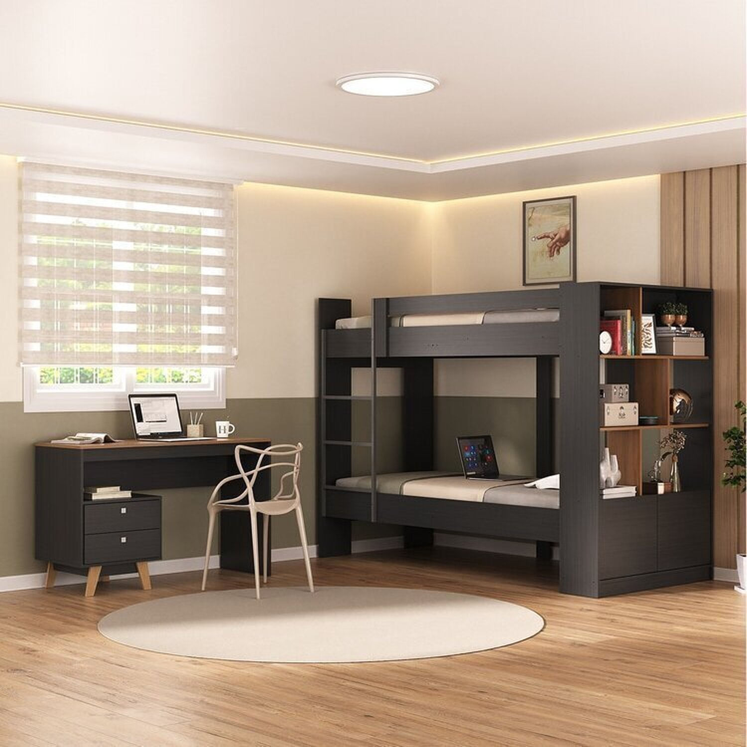 Quarto Juvenil Completo Zest Com Beliche E Escrivaninha 2 Gavetas Grafite/nogal