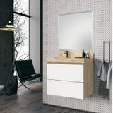 Conjunto Para Banheiro Com Espelho, Gabinete E Lavatório Em Porcelanato Com Cuba Esculpida 80cm Travertino