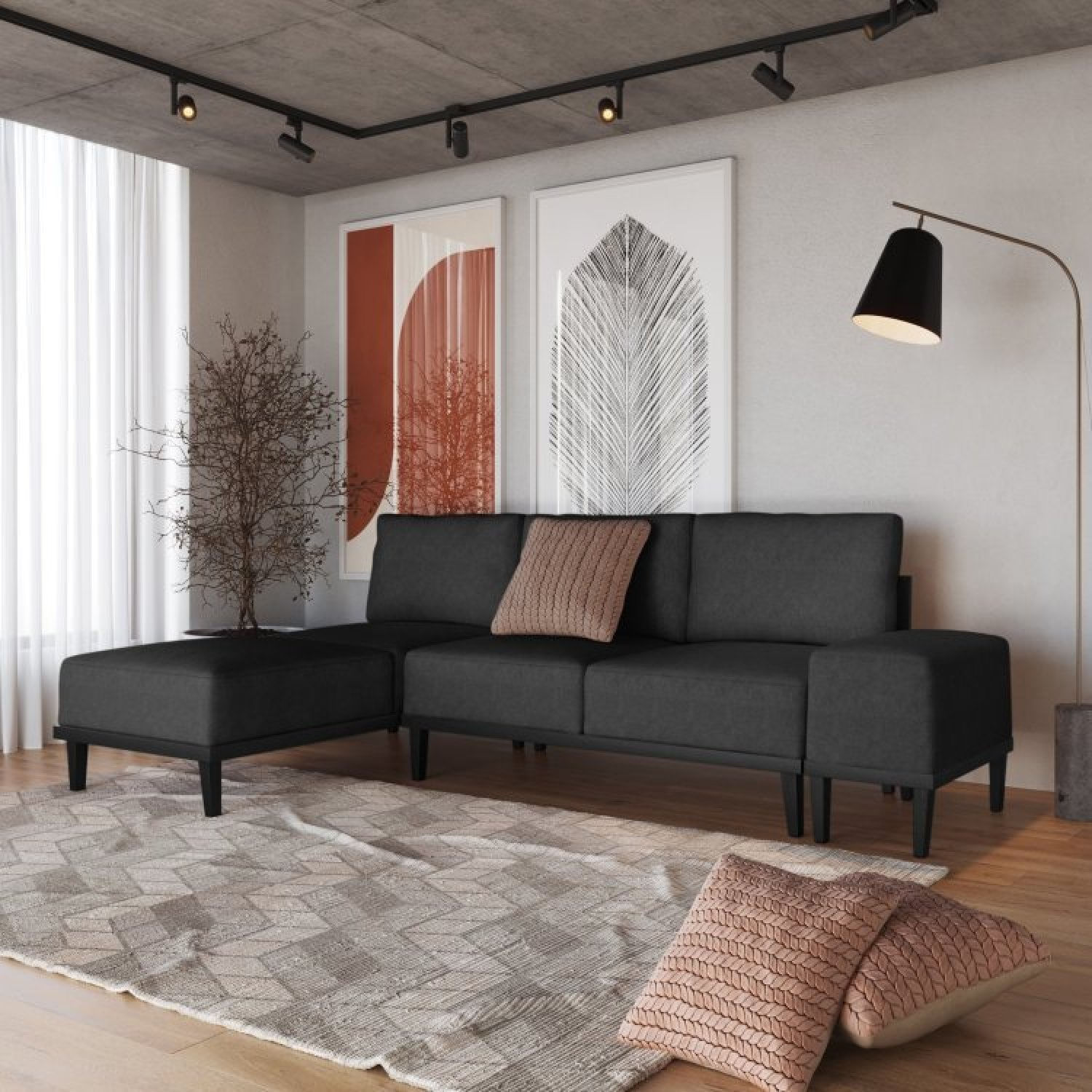 Sofá 2 Lugares 1 Chaise E 1 Puff Boreal Cabecasa Madeiramadeira Cinza Escuro