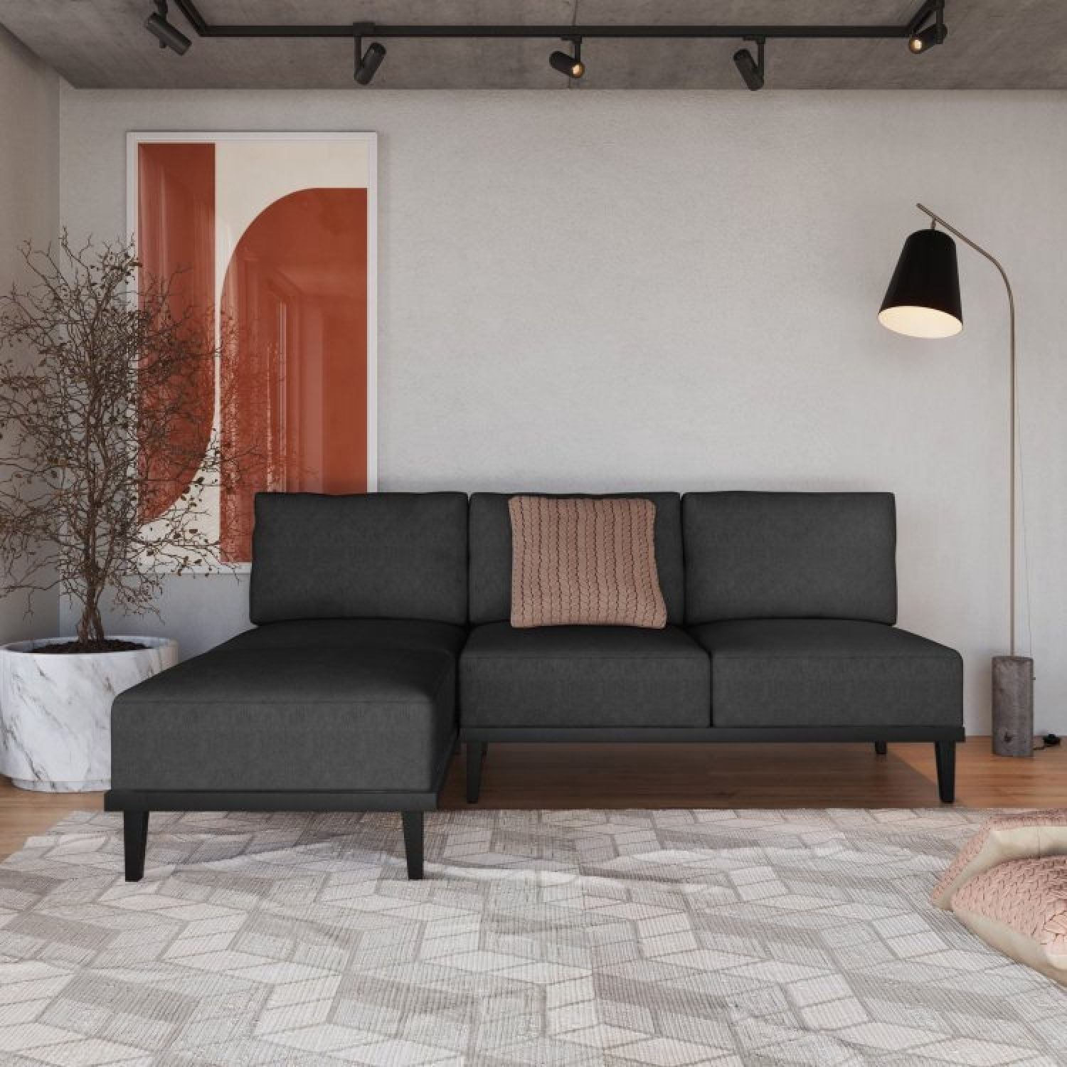 Sofá 2 Lugares E 1 Chaise Boreal Cabecasa Madeiramadeira Cinza Escuro