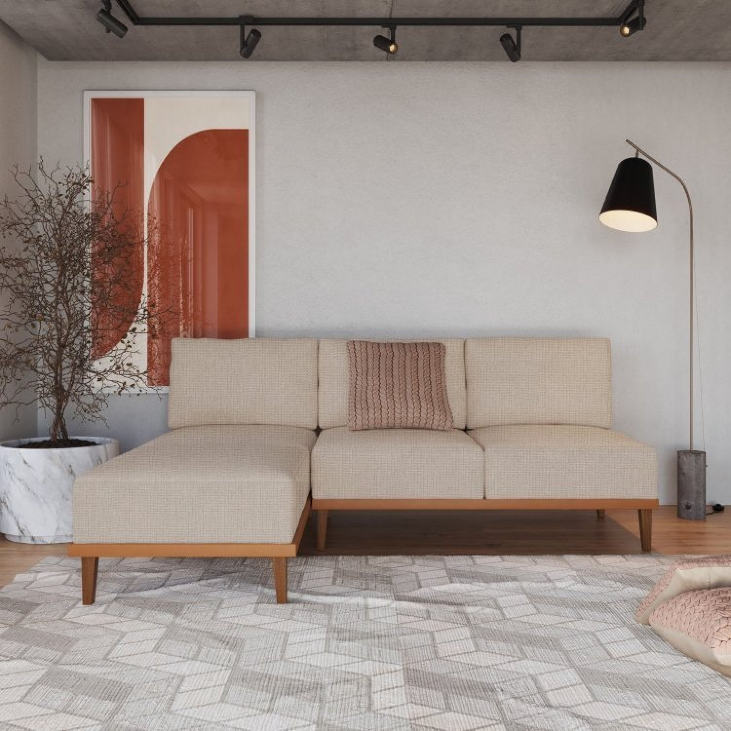 Sofá 2 Lugares E 1 Chaise Boreal Cabecasa Madeiramadeira Areia