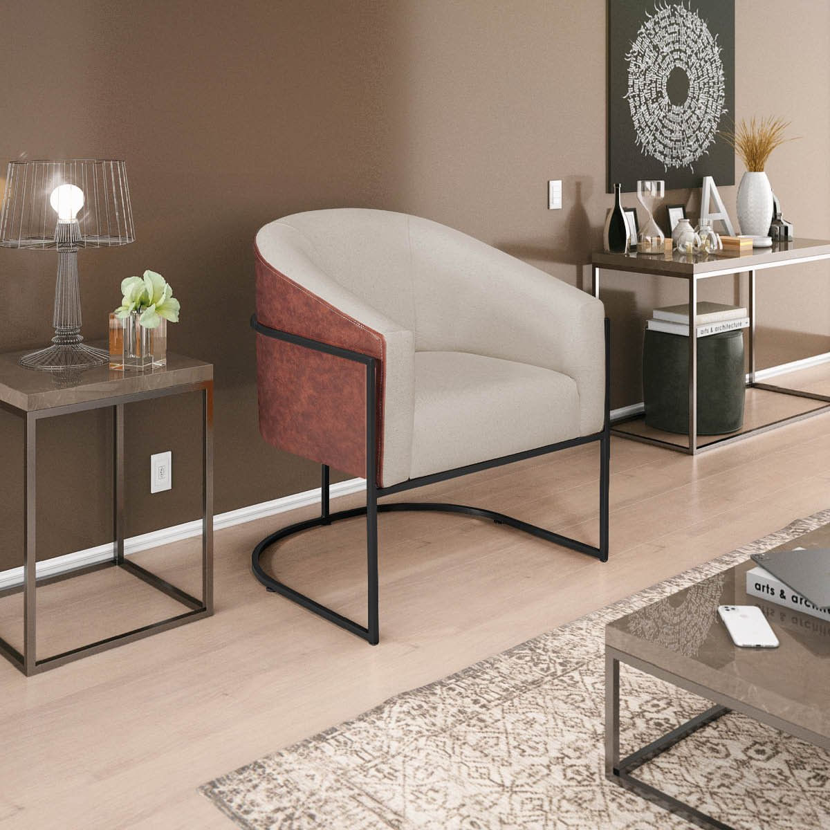 Poltrona Para Sala De Estar Base De Ferro Mariana Maranata Móveis Bege