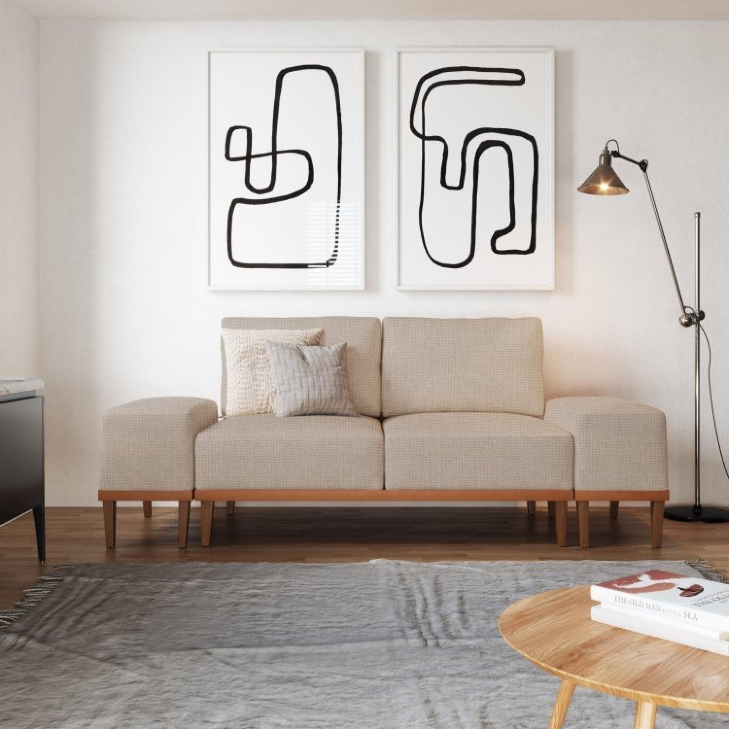 Sofá 2 Lugares E 2 Puffs Em Linho Boreal Com Mola Ensacada Cabecasa Madeiramadeira Areia