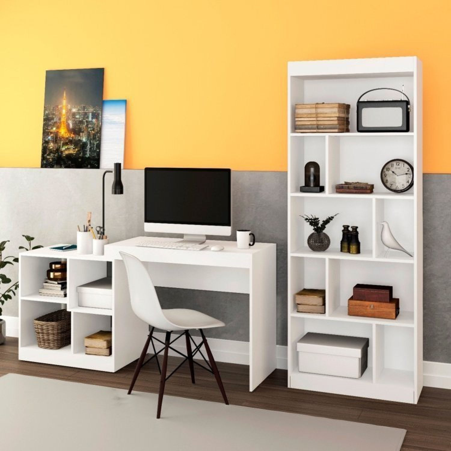 Kit 2 Peças Escrivaninha 4 Nichos Estante Livreiro 4 Prateleiras