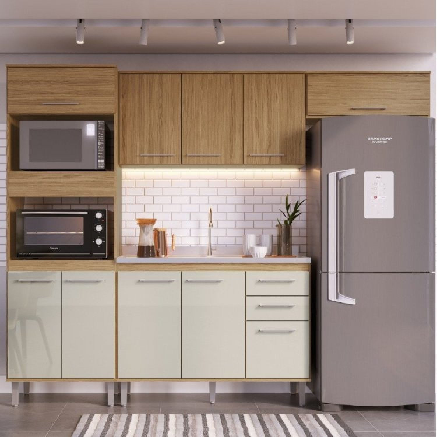 Cozinha Compacta 4 Peças Com 1 Paneleiro, 1 Balcão E 2 Armários Aéreos Gaia