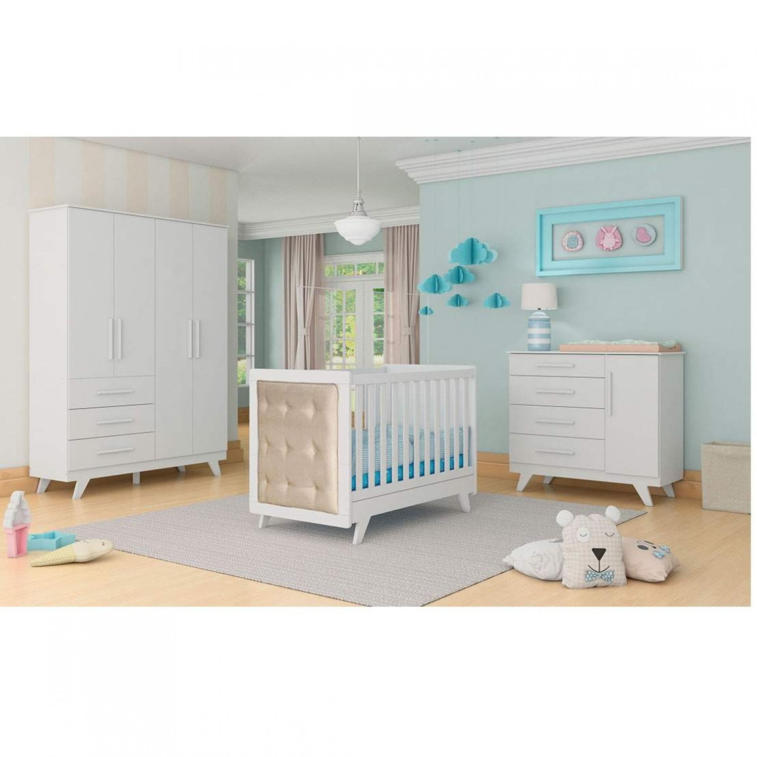 Quarto de Bebê Completo com Guarda Roupa 4 Portas, Berço Mini Cama e Cômoda Branco Brilho