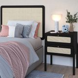 Conjunto Cabeceira Solteiro 90cm E Mesa De Cabeceira 2 Gavetas Pé Madeira Palhinha Oslo Nero Nero/preto