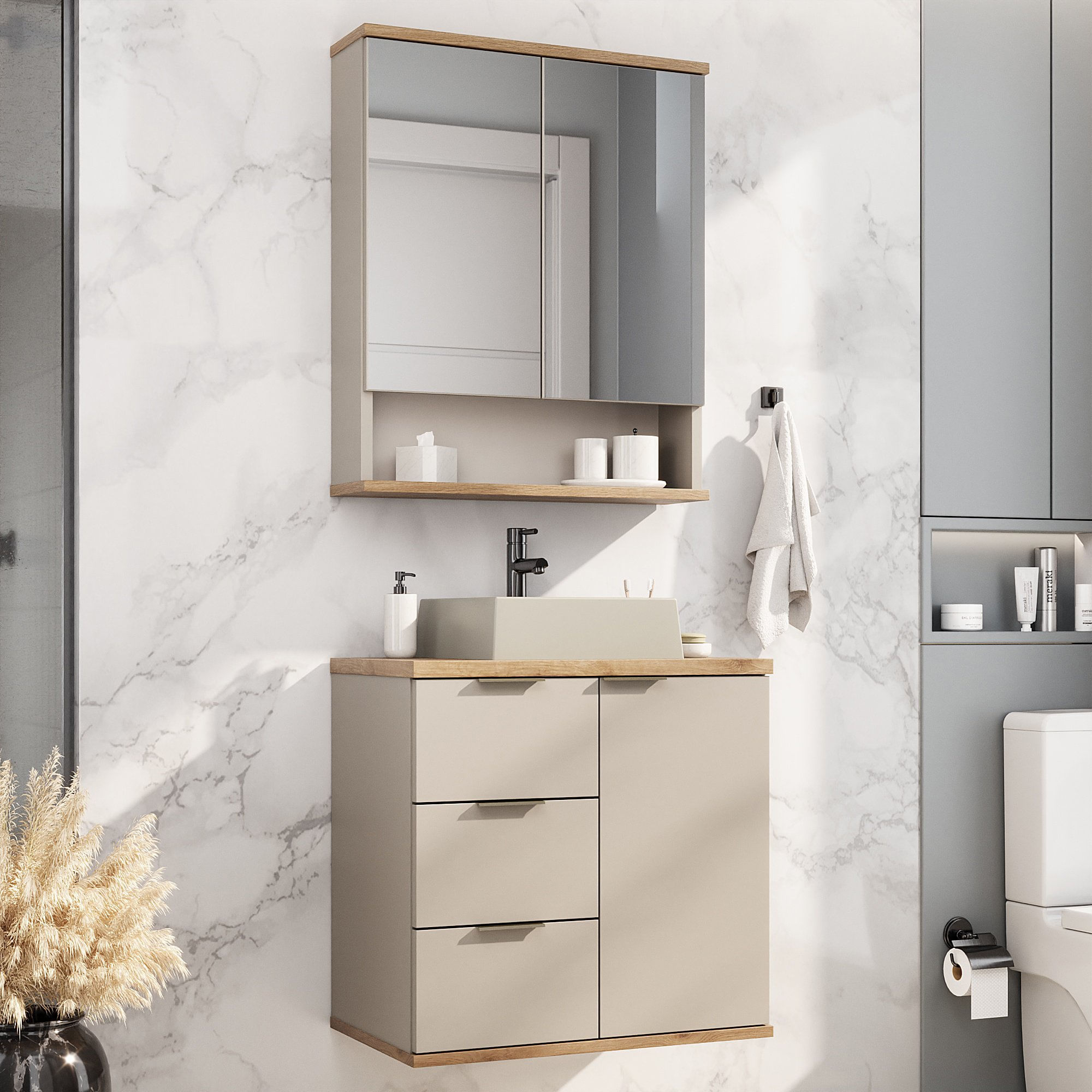 Conjunto De Banheiro Com Cuba E Espelheira 57cm Belfast Nude