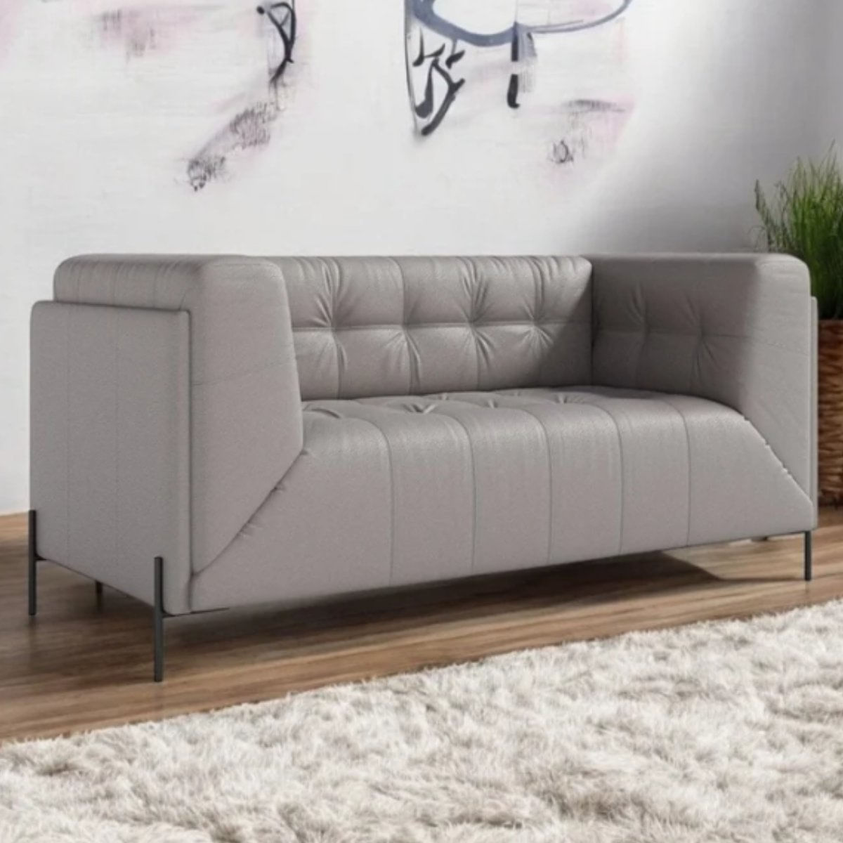 Sofá Decorativo 2 Lugares 200cm Couro Astom Cinza Claro