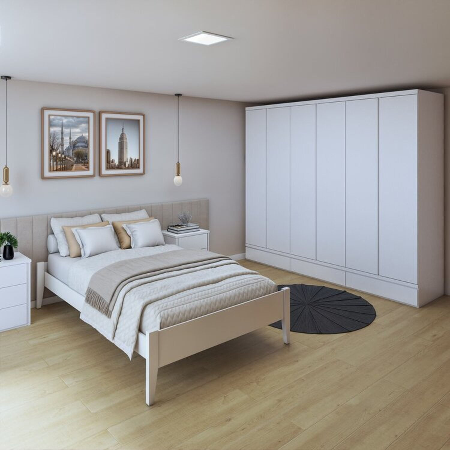 Quarto Completo Com Cama Casal 140cm Turca E Guarda-roupa 6 Portas 9 Gavetas Urbano Branco
